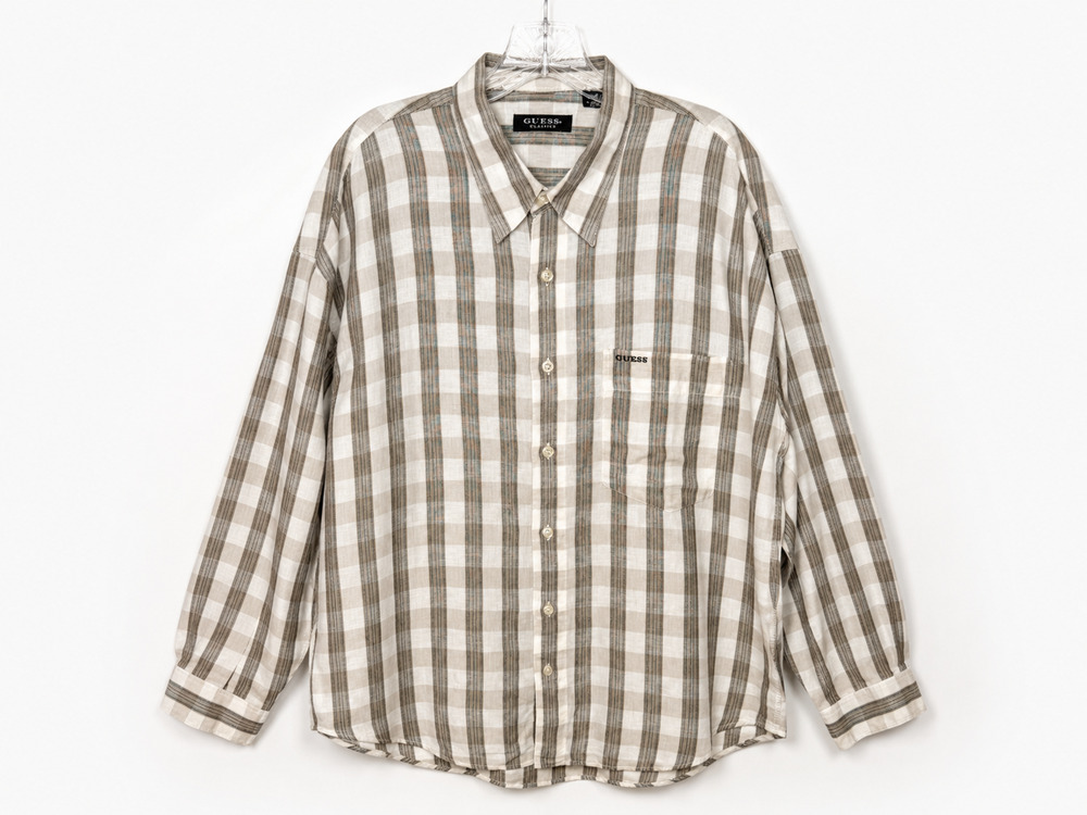 Vintage GUESS Classics Men's L Plaid Linen Cotton Button Up Long Sleeve Shirt